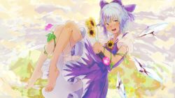 Rule 34 | 1girl, backlighting, barefoot, bloomers, blue dress, blue eyes, blue hair, blush, bow, cirno, cloud, cloudy sky, dress, flat chest, floating, flower, full body, hair bow, holding, holding flower, ice, ice wings, kagari (kgr 000), legs, legs up, looking at viewer, mountain, nose blush, open mouth, plant, puffy short sleeves, puffy sleeves, shirt, short hair, short sleeves, sky, solo, sun, sunflower, sunlight, tanned cirno, tongue, touhou, underwear, vines, white shirt, wings