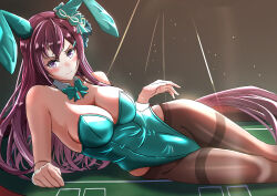 Rule 34 | 1girl, absurdres, animal ears, bow, bowtie, breasts, brown eyes, brown hair, brown pantyhose, casino card table, cleavage, detached collar, ear bow, ear covers, feet out of frame, fuyu no oka, green bow, green bowtie, green leotard, highres, horse girl, horse tail, large breasts, leotard, long hair, lying, mejiro dober (umamusume), on side, pantyhose, playboy bunny, rabbit ears, solo, strapless, strapless leotard, table, tail, thighband pantyhose, umamusume, wrist cuffs