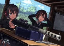 Rule 34 | 2girls, aiming, artist name, bad id, bad pixiv id, bag, bench, bolt action, brown eyes, brown hair, cardigan, cloud, covering own ears, day, desk, drawing, dreadtie, gun, hair between eyes, highres, indoors, multiple girls, muzzle device, necktie, one eye closed, original, rifle, scared, school desk, school uniform, scope, sky, tree, weapon, weapon request, whiteboard