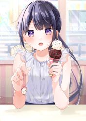 Rule 34 | 1girl, absurdres, black hair, blush, buntason (buritarooooo), commentary request, feeding, food, frilled sleeves, frills, highres, holding, holding food, holding spoon, ice cream, indoors, long hair, looking at viewer, open mouth, original, pale skin, ponytail, purple eyes, shirt, short sleeves, sitting, solo, spoon, teeth, upper body, upper teeth only, white shirt, window