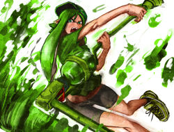 Rule 34 | 1girl, angry, bike shorts, ceramic man, fangs, green eyes, green hair, green shirt, holding, inkling, inkling girl, inkling player character, jumping, long hair, looking at viewer, matching hair/eyes, nintendo, open mouth, oversized object, paint roller, paint splatter, pointy ears, shirt, shoes, short sleeves, sneakers, solo, splat roller (splatoon), splatoon (series), splatoon 1, t-shirt, tentacle hair
