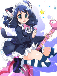 Rule 34 | 10s, 1girl, animal ears, bad id, bad pixiv id, bell, black hair, blush, cat ears, cat tail, curly hair, cyan (show by rock!!), open mouth, poncho s, show by rock!!, smile, solo, striped clothes, striped thighhighs, tail, thighhighs