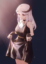 Rule 34 | 1girl, bare legs, breasts, cleavage, clothes lift, gloves, grey hair, hair ornament, hairclip, highres, holding, holding clothes, holding skirt, horns, large breasts, leria v, original, red eyes, skirt, skirt lift, white hair