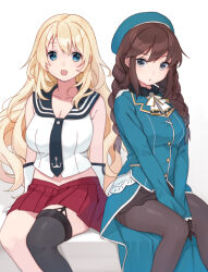 Rule 34 | 1girl, anchor symbol, ascot, asymmetrical legwear, atago (kancolle), atago (kancolle) (cosplay), beret, black gloves, black necktie, black pantyhose, black sailor collar, black skirt, blonde hair, blue hat, blue shirt, braid, breasts, brown hair, commentary request, commission, cosplay, costume switch, feet out of frame, garter straps, gloves, green eyes, hat, kantai collection, large breasts, long hair, looking at viewer, low twintails, military uniform, mitsuyo (mituyo324), necktie, noshiro (kancolle), noshiro (kancolle) (cosplay), pantyhose, pleated skirt, red skirt, sailor collar, school uniform, serafuku, shirt, simple background, single thighhigh, sitting, skirt, sleeveless, sleeveless shirt, solo, swept bangs, thighhighs, twin braids, twintails, uneven legwear, uniform, v arms, white ascot, white background, white gloves, white shirt