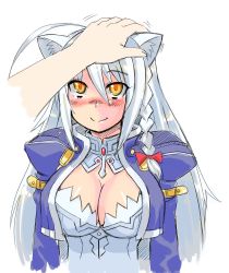 Rule 34 | 10s, 1girl, ahoge, animal ears, braid, breasts, bustier, cat ears, cleavage, detached collar, dog days, hand on another&#039;s head, headpat, highres, kekekeke, large breasts, leonmitchelli galette des rois, long hair, patting, single braid, solo focus, white hair, yellow eyes