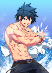 Rule 34 | 1boy, abs, bara, black eyes, black hair, bracelet, unworn clothes, cowboy shot, fairy tail, gray fullbuster, groin, highres, ice, jewelry, looking at viewer, lvlv, male focus, muscular, navel, necklace, patterned background, topless male, short hair, smile, solo, underwear