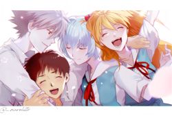 Rule 34 | 2boys, 2girls, :d, ^ ^, aqua skirt, arm around neck, arm up, ayanami rei, blouse, blue hair, blurry, breasts, brown hair, chromatic aberration, closed eyes, collarbone, collared shirt, depth of field, dress shirt, facing viewer, grey hair, group hug, hair between eyes, hairpods, hand on another&#039;s arm, happy, hug, ikari shinji, interface headset, jitome, laughing, letterboxed, light blue hair, light blush, light particles, lineup, long hair, looking down, marehito, multiple boys, multiple girls, nagisa kaworu, neck ribbon, neon genesis evangelion, open mouth, orange hair, pale skin, parted lips, profile, red eyes, red ribbon, ribbon, school uniform, shade, shirt, short hair, sidelighting, skirt, small breasts, smile, smirk, souryuu asuka langley, spiked hair, suspender skirt, suspenders, teeth, tokyo-3 middle school uniform, twitter username, upper teeth only, v-shaped eyebrows, white shirt