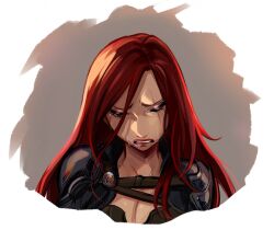 Rule 34 | 1girl, black jacket, breasts, brown background, cleavage, closed eyes, crying, facing viewer, jacket, katarina (league of legends), large breasts, league of legends, long hair, open clothes, open jacket, red hair, scar, scar across eye, shinaa (maddynshinaa), shiny skin, shoulder plates, skull print, solo, tears, teeth, white background