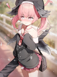 ! 1girl absurdres black_bag black_hat black_wings blue_archive blurry blurry_background blush closed_mouth collarbone commentary feathered_wings halo hat head_wings highres koharu_(blue_archive) korean_commentary long_sleeves pink_eyes pink_hair pink_halo pink_skirt pleated_skirt sailor_collar skirt sleeves_past_wrists smile solo three_twosix twintails white_sailor_collar wings