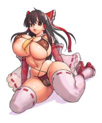 Rule 34 | 1girl, adapted costume, alternate breast size, bare shoulders, bikini, black hair, bow, bra, breasts, brown eyes, brown hair, covered erect nipples, curvy, detached sleeves, female focus, full body, geta, hair bow, hair ornament, hair ribbon, hair tubes, hakurei reimu, huge breasts, huge nipples, japanese clothes, kruth666, lips, long hair, looking at viewer, micro bikini, navel, necktie, nipples, aged up, panties, parted lips, puffy nipples, pussy, pussy peek, red bow, ribbon, sandals, see-through, simple background, sitting, skindentation, solo, swimsuit, thick lips, thick thighs, thighhighs, thighs, touhou, unaligned breasts, underwear, wariza, white background, white thighhighs, wide hips