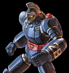 Rule 34 | black background, clenched hands, fighting stance, glowing, glowing eyes, jetpack, looking down, mecha, mecha focus, no humans, robot, simple background, solo, taedu, taiyou no shisha tetsujin 28-gou, tetsujin 28, tetsujin 28-gou, yellow eyes