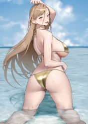 Rule 34 | 1girl, ass, bikini, blue sky, breasts, brown eyes, brown hair, cloud, day, earrings, fang, from behind, gold bikini, hair between eyes, highres, jewelry, kneeling, large breasts, lips, long hair, looking at viewer, looking back, ocean, open mouth, original, outdoors, partially submerged, sideboob, sky, smile, solo, swimsuit, wet, yoshio (55level)