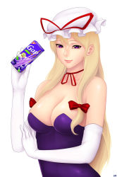 Rule 34 | 1girl, bare shoulders, biscuit, breasts, choker, cleavage, dress, elbow gloves, female focus, food, gloves, hat, highres, khalitzburg, large breasts, long hair, pocky, pun, purple eyes, ribbon choker, simple background, solo, strapless, strapless dress, touhou, white background, white gloves, yakumo yukari