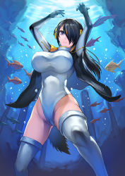 Rule 34 | 10s, 1girl, air bubble, arms up, bad id, bad pixiv id, bird tail, black gloves, black hair, black jacket, blue eyes, breasts, bubble, closed mouth, covered erect nipples, day, emperor penguin (kemono friends), fish, from below, gloves, groin, hair over one eye, headphones, highleg, highleg leotard, hip focus, impossible clothes, impossible leotard, jacket, kemono friends, large breasts, legs apart, leotard, leotard under clothes, light rays, light smile, long hair, long sleeves, looking at viewer, maekawa yuichi, multicolored hair, ocean, open clothes, open jacket, orange hair, outdoors, pillar, rock, skin tight, smile, solo, standing, straight hair, streaked hair, submerged, sunbeam, sunlight, tail, taut clothes, thighhighs, thighs, turtleneck, underwater, water, white leotard, white thighhighs