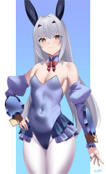 Rule 34 | 1girl, absurdres, animal ears, bare shoulders, blue leotard, blush, bow, bowtie, breasts, brown eyes, covered navel, detached collar, detached sleeves, melusine (fate), fake animal ears, fate/grand order, fate (series), forked eyebrows, frills, grey hair, highleg, highleg leotard, highres, kurozawa yui, leotard, long hair, looking at viewer, nail polish, pantyhose, playboy bunny, rabbit ears, sidelocks, small breasts, solo, thighs, white pantyhose, wrist cuffs