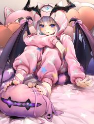 Rule 34 | 1girl, :q, animal print, barefoot, between toes, blush, bow, cat print, chinese commentary, closed mouth, clover theater, commentary request, dragon girl, dragon horns, dragon tail, dragon wings, fafnir (clover theater), feet, full body, hair between eyes, heart, heart-shaped pillow, highres, hood, hood up, hooded pajamas, horns, knees up, long sleeves, looking at viewer, on bed, pajamas, pillow, pink bow, pink pajamas, pink ribbon, print pajamas, puffy long sleeves, puffy sleeves, purple eyes, ray (pixiv9514208), ribbon, silver hair, sitting, smile, solo, star (symbol), star print, stuffed toy, tail, toes, tongue, tongue out, wing bow, wings