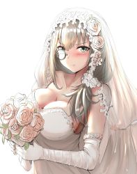 Rule 34 | 1girl, bare shoulders, blush, bouquet, breasts, bridal veil, circle cut, cleavage, collarbone, commentary request, dress, elbow gloves, flower, girls&#039; frontline, gloves, grey hair, hair between eyes, hair ornament, hair scrunchie, helianthus (girls&#039; frontline), highres, large breasts, long hair, looking at viewer, monocle, pink flower, pink rose, rose, scrunchie, simple background, sleeveless, sleeveless dress, solo, strapless, strapless dress, take (trude1945oneetyan), veil, wedding dress, white background, white dress, white gloves