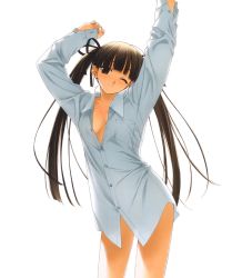Rule 34 | 1girl, arms up, bow, breasts, brown eyes, brown hair, cleavage, dress shirt, hair bow, hashimoto takashi, highres, jpeg artifacts, long hair, one eye closed, open clothes, open shirt, oversized clothes, shirt, solo, twintails, wink