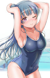 Rule 34 | 1girl, ;), armpits, arms up, bare arms, bare legs, blue hair, blue one-piece swimsuit, blunt bangs, blush, breasts, cleavage, closed mouth, collarbone, competition school swimsuit, covered navel, eyelashes, gonta (gshoutai), groin, hair bun, highres, long hair, love live!, love live! sunshine!!, medium breasts, one-piece swimsuit, one eye closed, pool, purple eyes, raised eyebrows, red eyes, school swimsuit, side bun, single side bun, skin tight, skindentation, smile, solo, spaghetti strap, swimsuit, tsushima yoshiko, wet