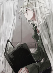 Rule 34 | 1boy, bedroom, black pants, book, collarbone, commentary request, cowboy shot, curtana, danganronpa (series), danganronpa 2: goodbye despair, green jacket, green sleeves, holding, holding book, hood, hood down, hooded jacket, indoors, jacket, komaeda nagito, long sleeves, male focus, me (lililico), messy hair, on bed, open clothes, open jacket, pants, parted lips, partial commentary, reading, shirt, short hair, sitting, sleeves past wrists, solo, white eyes, white hair, white shirt