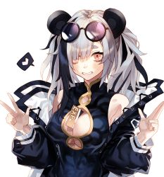 Rule 34 | 1girl, animal ears, arknights, bags under eyes, between breasts, black hair, blue dress, blue jacket, blush, breasts, brown eyes, china dress, chinese clothes, cleavage, cleavage cutout, clothing cutout, commentary, dress, eyewear on head, feater (arknights), grin, hands up, heart, highres, jacket, large breasts, long hair, long sleeves, looking at viewer, multicolored hair, off shoulder, open clothes, open jacket, panda ears, pokan (xz1128), round eyewear, silver hair, simple background, sleeveless, sleeveless dress, smile, solo, spoken heart, streaked hair, sunglasses, sunglasses on head, thick eyebrows, twintails, upper body, w, white background