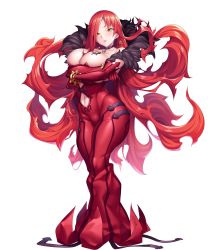 Rule 34 | 1girl, absurdres, astaroth (taimanin asagi), bare shoulders, breast tattoo, breasts, cleavage, clothing cutout, collar, collarbone, commentary request, crossed arms, curvy, dress, earrings, elbow gloves, full body, gloves, highres, huge breasts, jewelry, lilith-soft, long dress, long hair, looking at viewer, navel, navel cutout, official art, parted lips, potion (moudamepo), red dress, red hair, shiny skin, simple background, solo, standing, taimanin (series), taimanin asagi kessen arena, taimanin rpgx, tattoo, white background, yellow eyes