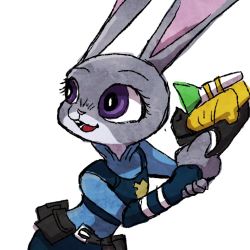 Rule 34 | artist request, rabbit, judy hopps, open mouth, pistol, police uniform, purple eyes, zootopia