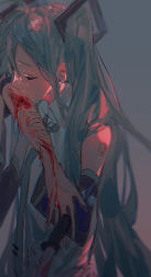 Rule 34 | 1girl, arm tattoo, bicycle, black sleeves, blood, blood on arm, blue hair, blue necktie, closed eyes, collared shirt, commentary, detached sleeves, genn 00o, grey background, hatsune miku, highres, injury, long hair, necktie, shirt, sleeveless, sleeveless shirt, solo, tattoo, twintails, upper body, vocaloid