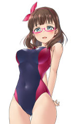 Rule 34 | 1girl, aimobake, arms behind back, bespectacled, black one-piece swimsuit, blue eyes, blush, bow, breasts, brown hair, competition swimsuit, covered navel, glasses, gluteal fold, hair bow, hair ornament, hair ribbon, hairband, half-closed eyes, idolmaster, idolmaster cinderella girls, looking at viewer, medium breasts, medium hair, multicolored clothes, multicolored one-piece swimsuit, multicolored swimsuit, one-piece swimsuit, open mouth, pink-framed eyewear, pink bow, pink hairband, pink ribbon, ribbon, sakuma mayu, semi-rimless eyewear, simple background, smile, solo, standing, swimsuit, thigh gap, under-rim eyewear, v arms, white background
