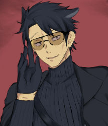Rule 34 | 1boy, animal ears, arknights, black gloves, black hair, black suit, capone (arknights), formal, gloves, hand up, hibito-nightride, male focus, open mouth, red background, short hair, simple background, solo, suit, sunglasses, sweater, turtleneck, turtleneck sweater, upper body, wolf boy, wolf ears