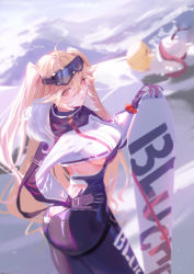 Rule 34 | 1girl, ahoge, ass, azur lane, black gloves, blonde hair, bluecher (azur lane), bluecher (high-altitude head over heels) (azur lane), blurry, blurry background, bodysuit, breasts, butt crack, character name, crop top, cropped jacket, day, fake tail, gloves, goggles, goggles on head, hair between eyes, hand on own hip, highres, jacket, long hair, long sleeves, looking at viewer, manjuu (azur lane), medium breasts, mountain, mountainous horizon, multicolored clothes, multicolored jacket, official alternate costume, outdoors, parted lips, rabbit tail, red eyes, sansan (dongfangzhong111), skin tight, smile, snow, snowboard, solo, tail, text print, twisted torso, two-tone jacket, underboob