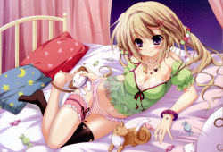 Rule 34 | 1girl, absurdres, barefoot, beads, bed, black thighhighs, blonde hair, blush, bracelet, breasts, bridal garter, candy, cat, cleavage, crescent, feet, food, heart, heart print, highres, izumi tsubasu, jewelry, medium breasts, navel, necklace, no shoes, on bed, panties, pillow, purple eyes, single thighhigh, smile, solo, star (symbol), star print, striped clothes, striped panties, stuffed animal, stuffed cat, stuffed toy, thighhighs, toe scrunch, toes, underwear
