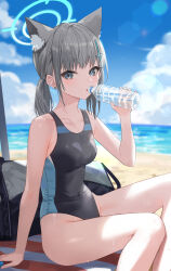 Rule 34 | 1girl, animal ear fluff, animal ears, bag, beach mat, black one-piece swimsuit, blue archive, blue eyes, blue halo, bottle, breasts, competition swimsuit, covered navel, cross, cross hair ornament, drink, extra ears, feet out of frame, grey hair, hair ornament, halo, highleg, highleg swimsuit, highres, holding, holding bottle, inverted cross, looking at viewer, low ponytail, medium hair, mismatched pupils, multicolored clothes, multicolored swimsuit, nima (niru54), ocean, official alternate costume, one-piece swimsuit, outdoors, revision, shiroko (blue archive), shiroko (swimsuit) (blue archive), small breasts, sweat, swimsuit, thighs, two-tone swimsuit, wolf ears