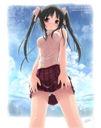 Rule 34 | 1girl, bare arms, bare shoulders, black hair, blush, chestnut mouth, clothes lift, covered erect nipples, hair ribbon, kantoku, long hair, open mouth, original, panties, pantyshot, rain, red eyes, ribbon, see-through, shirt, skirt, skirt lift, sky, solo, twintails, underwear, upskirt, wet, wet clothes, wet panties, wet shirt, white panties