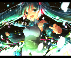 Rule 34 | 1girl, bad id, bad pixiv id, breasts, detached sleeves, female focus, green eyes, green hair, hanasaki coa, hatsune miku, headset, long hair, matching hair/eyes, necktie, open mouth, smile, solo, sparkle, twintails, very long hair, vocaloid