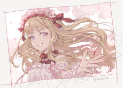 Rule 34 | 1girl, alternate costume, artist name, blonde hair, blunt bangs, bow, cagliostro (granblue fantasy), cherry blossoms, commentary request, cropped shoulders, dress, floating hair, flower, frilled dress, frilled shirt collar, frilled sleeves, frills, granblue fantasy, grin, head wreath, headband, long hair, multicolored clothes, multicolored dress, off shoulder, outstretched hand, petals, pink dress, pink flower, pota (bluegutty), purple eyes, red bow, sidelocks, signature, smile, solo, tree, twitter username