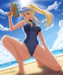 Rule 34 | 1girl, adapted costume, armpits, artist name, bare shoulders, barefoot, beach, blonde hair, blue eyes, blue one-piece swimsuit, blue sky, breasts, cameltoe, cloud, competition swimsuit, cslucaris, day, dutch angle, feet, female focus, from below, full body, gluteal fold, high ponytail, holding, holding water gun, horizon, large breasts, legs, lips, long hair, looking at viewer, metroid, mole, nature, navel, nintendo, ocean, one-piece swimsuit, on one knee, outdoors, perspective, ponytail, samus aran, sand, sidelocks, signature, sky, smile, solo, spread legs, squatting, sun, super smash bros., sweat, swimsuit, thighs, toes, turtleneck, visor cap, water, water gun, wet