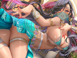 Rule 34 | 1girl, arabian clothes, black hair, blush, bra, bracer, breasts, cleavage, dancer, dancing, earrings, gem, gold choker, gold trim, harem outfit, jewelry, large breasts, lips, long hair, looking at viewer, masami chie, mole, mole under eye, mouth veil, navel, neck ring, original, red nails, signature, skirt, solo, thighlet, thighs, underwear, veil