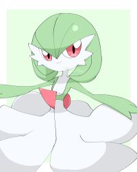 Rule 34 | 1girl, arms up, artist name, bob cut, border, closed mouth, colored skin, creatures (company), female focus, flat chest, game freak, gardevoir, gen 3 pokemon, green background, green hair, green skin, hair between eyes, happy, looking at viewer, meru (mer milky77), multicolored skin, nintendo, outside border, outstretched arms, pokemon, pokemon (creature), red eyes, short hair, signature, simple background, smile, solo, standing, twitter username, two-tone skin, white border, white skin