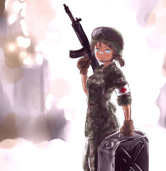 Rule 34 | 1girl, armband, assault rifle, bandaid, blue eyes, brown hair, camouflage, cross, flag, gas can, gloves, goggles, gun, helmet, highres, japan ground self-defense force, japan self-defense force, jerry can, military, military uniform, ponytail, red cross, rifle, senogawa, sleeves rolled up, smile, uniform, weapon