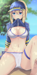Rule 34 | 1girl, absurdres, ahoge, arm support, artoria pendragon (fate), beach, bikini, blonde hair, blue eyes, blue sky, blush, breasts, cameltoe, cleavage, day, fate/grand order, fate (series), groin tendon, highres, horizon, large breasts, mouth hold, mysterious heroine x (fate), mysterious heroine xx (fate), navel, ocean, sand, shore, shrug (clothing), side-tie bikini bottom, sii artatm, sky, solo, swimsuit, thighs, tree, water, white bikini