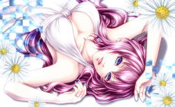 Rule 34 | 1girl, achikoako, blue eyes, breasts, cleavage, dress, fingernails, flower, jewelry, lipstick, long fingernails, looking at viewer, lying, makeup, megurine luka, nail polish, necklace, on back, parted lips, pink hair, ring, solo, vocaloid