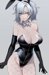 Rule 34 | 1girl, animal ears, bare shoulders, black gloves, black leotard, blue eyes, breasts, cleavage, cowboy shot, detached collar, earrings, elbow gloves, fake animal ears, fake tail, fishnet pantyhose, fishnets, gloves, gluteal fold, grey background, highleg, highleg leotard, highres, jewelry, large breasts, leotard, long hair, looking at viewer, original, pantyhose, parted lips, playboy bunny, rabbit ears, rabbit tail, ratatatat74, sharp teeth, shiny skin, simple background, smile, solo, strapless, strapless leotard, tail, teeth, wrist cuffs