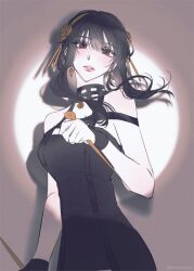 Rule 34 | 1girl, bare shoulders, black dress, blush, breasts, brown eyes, cowboy shot, dagger, dress, dual wielding, earrings, flower, gold earrings, gold hairband, hair between eyes, hair flower, hair ornament, hair up, hairband, highres, holding, holding weapon, jewelry, knife, large breasts, long hair, looking at viewer, neveromance, parted lips, sidelocks, solo, spy x family, stiletto (weapon), weapon, yor briar