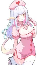 Rule 34 | 1girl, absurdres, arm behind back, au ra, breasts, brown eyes, center opening, clipboard, collar, cross tie, dragon horns, dragon tail, eyebrows hidden by hair, feet out of frame, final fantasy, final fantasy xiv, gloves, hair between eyes, hat, heart, heart print, heterochromia, highres, holding, holding clipboard, horns, large breasts, light smile, lilith degree, lipstick, long hair, looking at viewer, makeup, nurse, nurse cap, open mouth, pink collar, pink eyes, pink gloves, scales, side slit, sleeves rolled up, solo, tail, thick thighs, thighhighs, thighs, warrior of light (ff14), white hair, white thighhighs