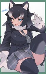 Rule 34 | 1girl, absurdres, animal ears, black hair, black thighhighs, blue eyes, breasts, brown eyes, fang, grey necktie, grey skirt, grey wolf (kemono friends), highres, kemono friends, large breasts, long hair, looking at viewer, necktie, open mouth, ryuusui arumo, skirt, smile, solo, tail, thighhighs, white hair, wolf ears, wolf girl, wolf tail