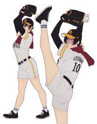 Rule 34 | 1girl, ball, baseball, baseball cap, baseball glove, black eyes, black hair, breasts, commentary, hanpetos, hat, highres, holding, holding ball, medium breasts, mikasa ackerman, red scarf, scarf, shaded face, shingeki no kyojin, shoes, short hair, sneakers, socks, standing, standing on one leg, white socks