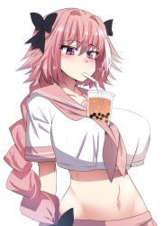 Rule 34 | 1girl, absurdres, astolfo (fate), astolfo (sailor paladin) (fate), black bow, blush, bow, braid, breasts, bubble tea, bubble tea challenge, commentary, crop top, crop top overhang, drinking, drinking straw, english commentary, fate/grand order, fate (series), genderswap, genderswap (mtf), hair bow, hair intakes, hair ribbon, highres, hinghoi, large breasts, long hair, midriff, multicolored hair, navel, object on breast, official alternate costume, pink hair, purple eyes, ribbon, school uniform, serafuku, shirt, short sleeves, simple background, single braid, solo, standing, streaked hair, upper body, very long hair, white background, white shirt