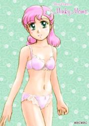 Rule 34 | 1girl, blush, bow, bow panties, bra, breasts, collarbone, floral background, green background, green eyes, hair ornament, long hair, looking at viewer, magical girl, mahou no princess minky momo, minky momo, navel, panties, pink bra, pink hair, pink panties, small breasts, standing, star (symbol), star hair ornament, underwear, waniwani