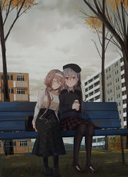 Rule 34 | 2girls, autumn leaves, bare tree, bench, black footwear, black sweater, boots, breasts, brown hair, brown legwear, brown skirt, building, chihuri, closed eyes, closed mouth, collared shirt, cross-laced footwear, day, eve (chihuri), green skirt, grey eyes, grey hair, hair between eyes, heterochromia, highres, lace-up boots, leaning on person, leaning to the side, loafers, long hair, medium breasts, multiple girls, on bench, original, outdoors, pantyhose, park bench, plaid, plaid skirt, red eyes, renata alekseevna tsvetaeva, shirt, shoes, sitting, skirt, sweater, tree, very long hair, white shirt
